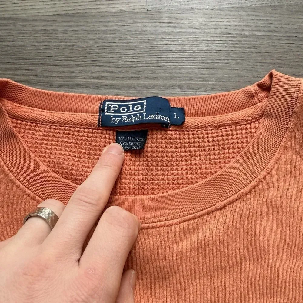 Vintage 90s Polo Ralph Lauren Faded Orange Distressed Pullover Crewneck Mens L